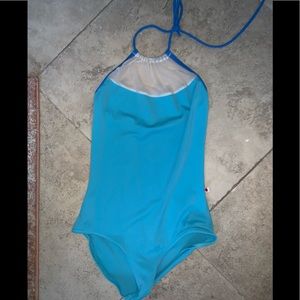 Yumiko custom high neck halter aqua mesh leotard